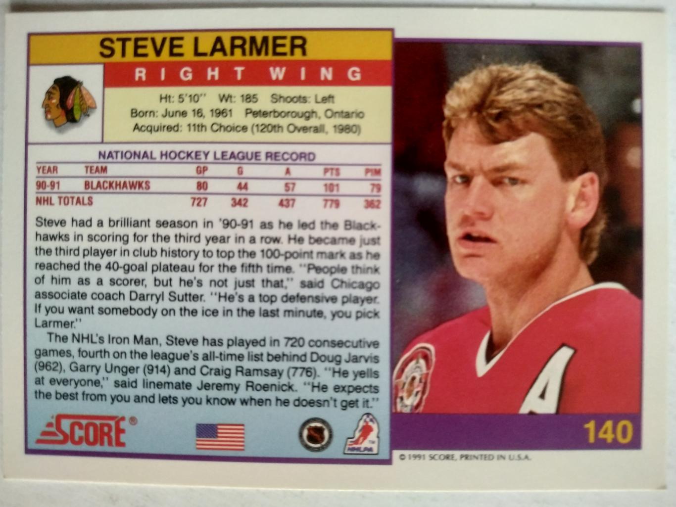 ХОККЕЙ КАРТОЧКА НХЛ SCORE 1991 NHL STEVE LARMER CHICAGO BLACKHAWKS #140 1
