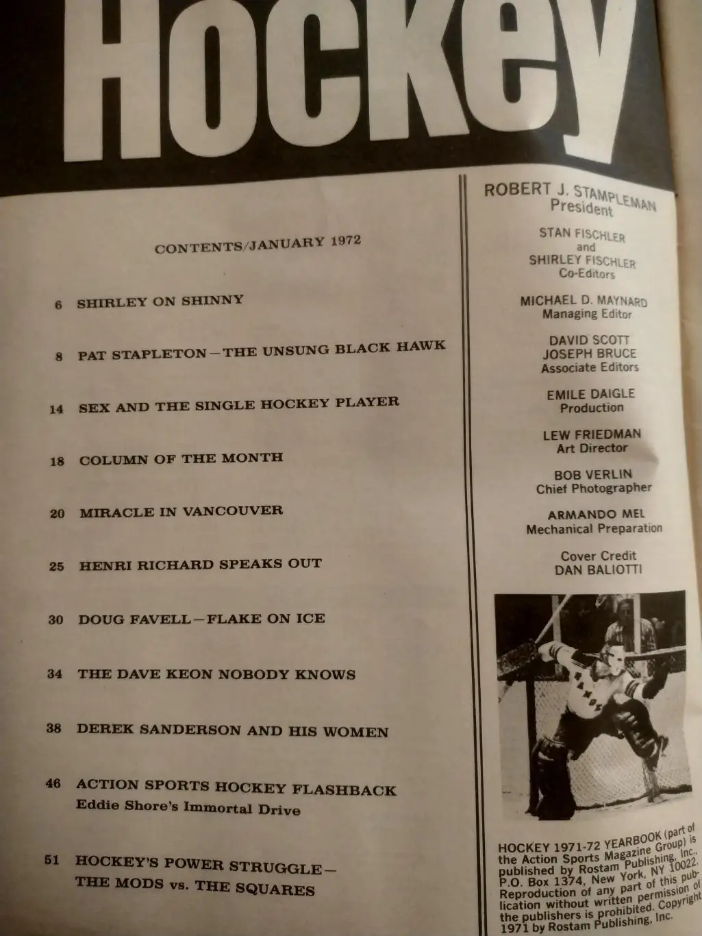 ЖУРНАЛ ЕЖЕМЕСЯЧНИКНХЛ ЭКШЕН СПОРТ ХОККЕЙ JAN 1972 ACTION SPORTS HOCKEY 1