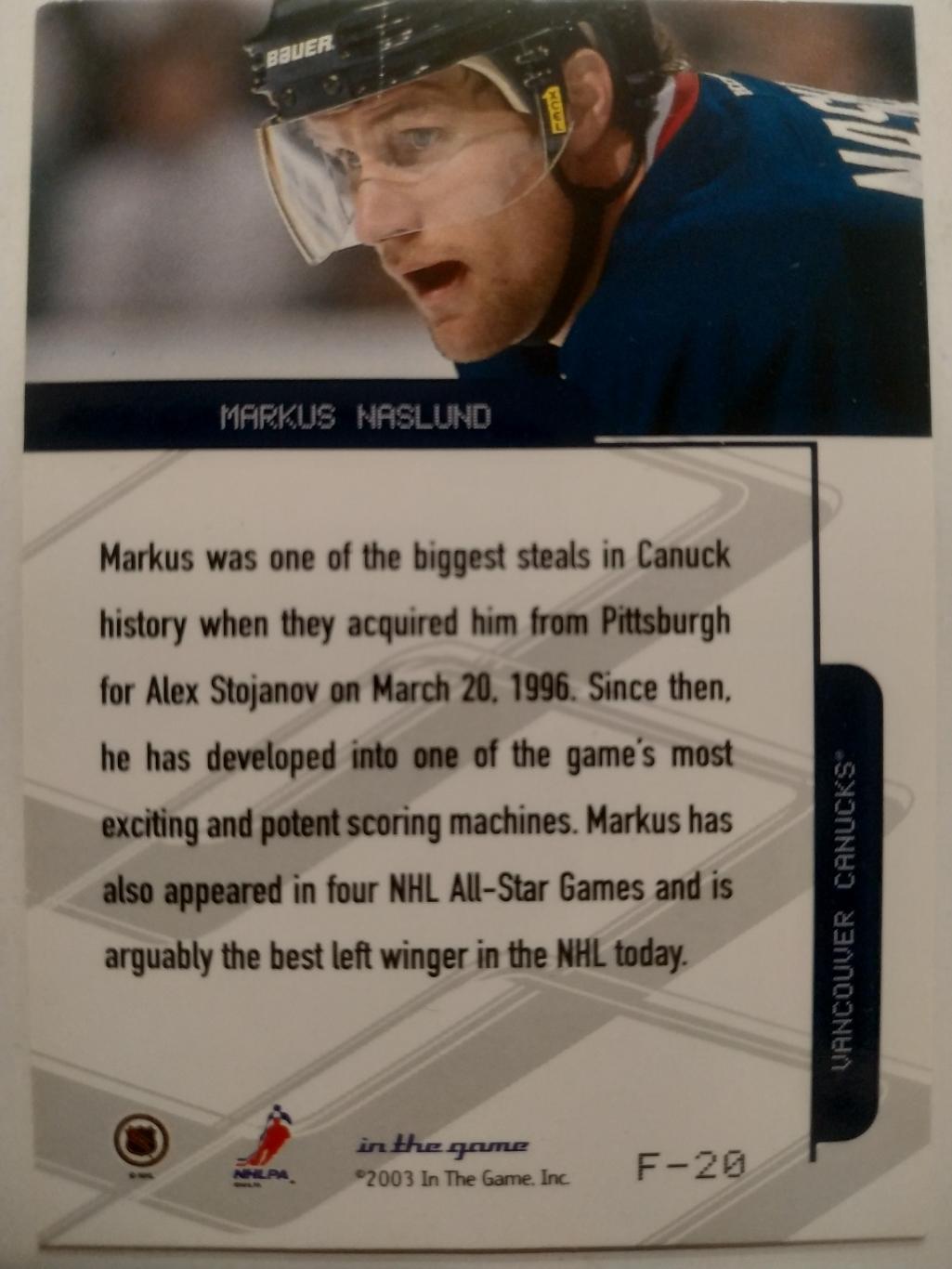 ХОККЕЙ КАРТОЧКА НХЛ IN THE GAME 2003 NHL MARKUS NASLUND VANCOUVER CANUCKS #F-20 1