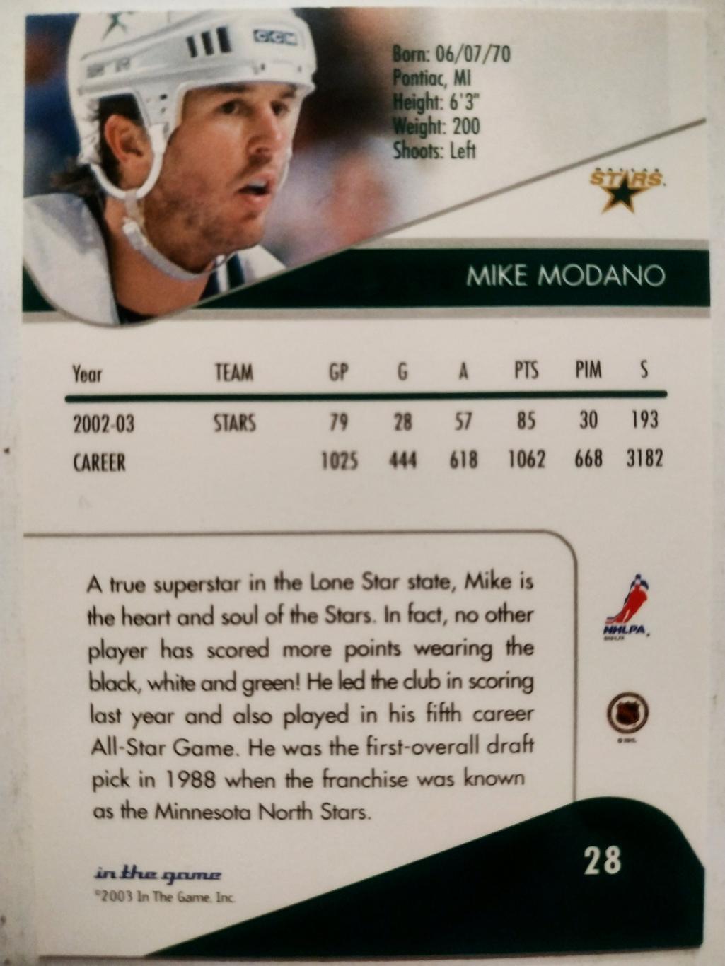 ХОККЕЙ КАРТОЧКА НХЛ IN THE GAME 2003 NHL MIKE MODANO DALLAS STSRS #28 1