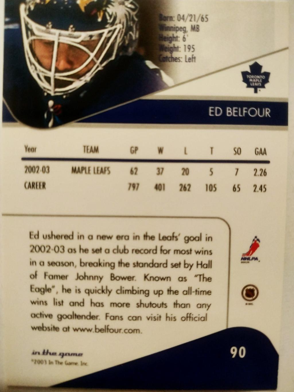 ХОККЕЙ КАРТОЧКА НХЛ IN THE GAME 2003 NHL ED BELFOUR TORONTO MAPLE LEAFS #90 1