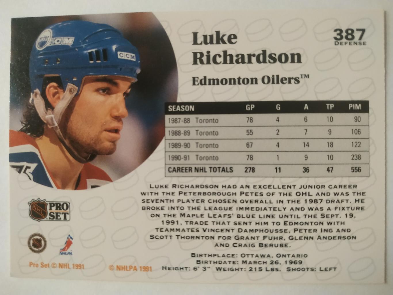 ХОККЕЙ КАРТОЧКА НХЛ PRO SET 1991 NHL LUKE RICHARDSON EDMONTON OILERS #387 1