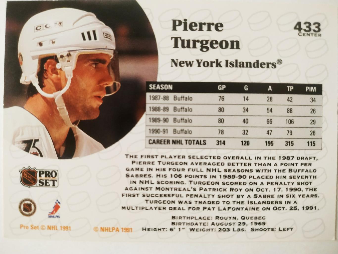 ХОККЕЙ КАРТОЧКА НХЛ PRO SET 1991 NHL PIERRE TURGEON NEW YORK ISLANDERS #433 1