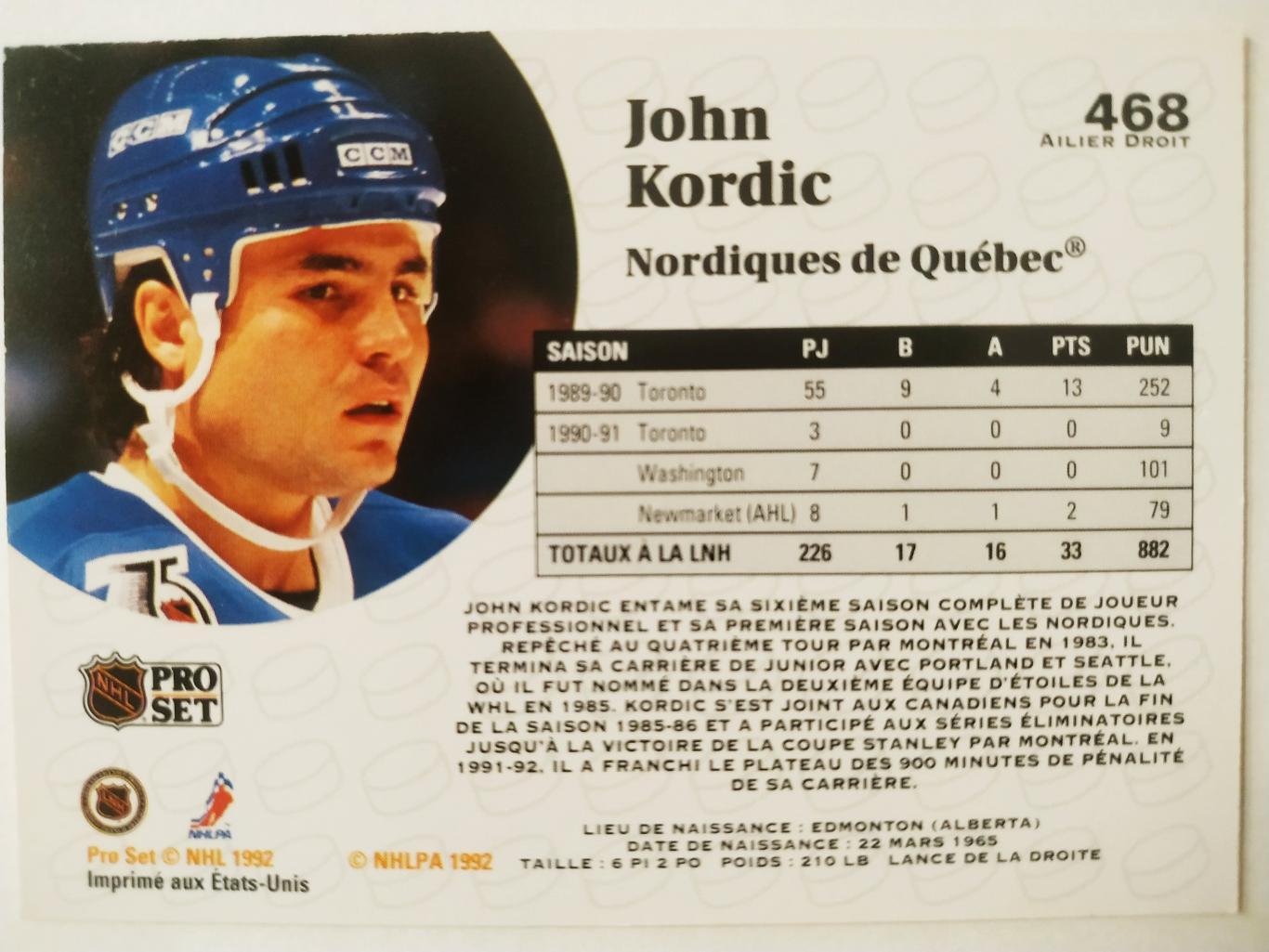 ХОККЕЙ КАРТОЧКА НХЛ PRO SET 1991 NHL JOHN KORDIC QUEBEC NORDIQUES #468 1