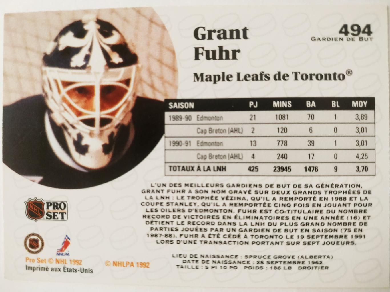 ХОККЕЙ КАРТОЧКА НХЛ PRO SET 1991 NHL GRANT FUHR TORONTO MAPLE LEAFS #494 1