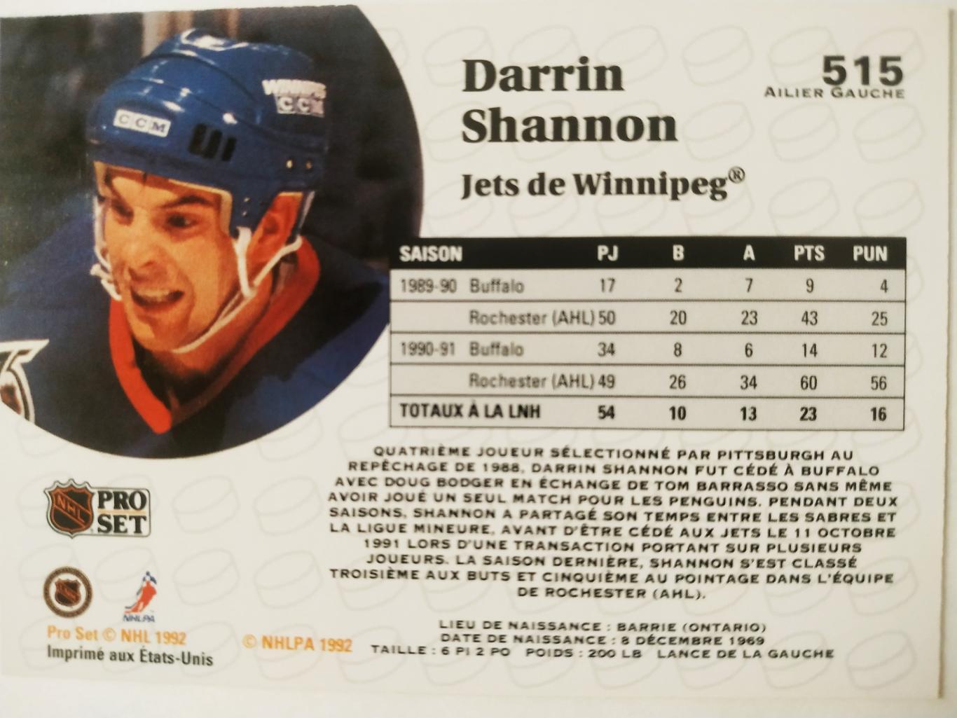 ХОККЕЙ КАРТОЧКА НХЛ PRO SET 1991 NHL DARRIN SHANNON WINNIPEG JETS #515 1