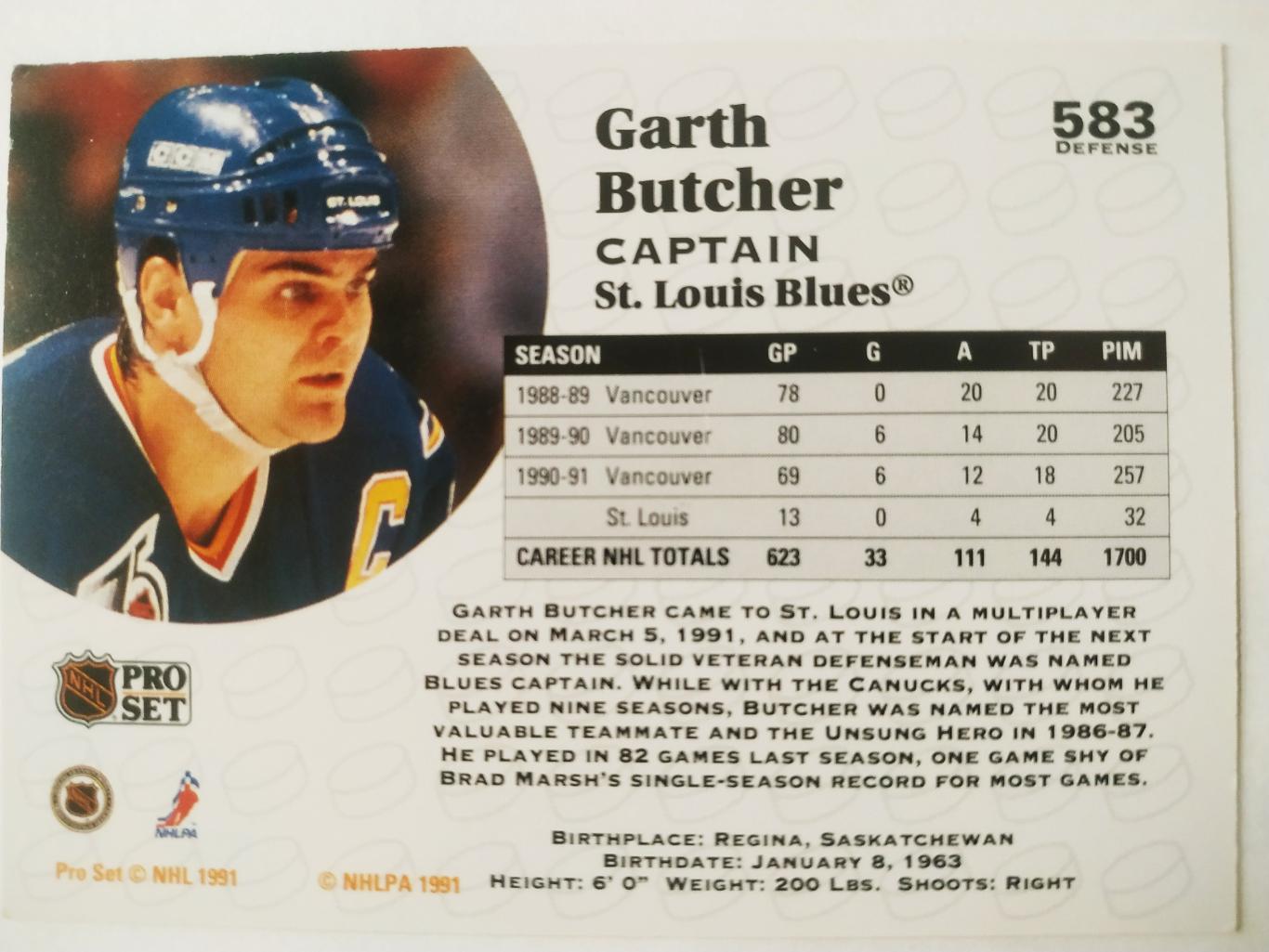 ХОККЕЙ КАРТОЧКА НХЛ PRO SET 1991 NHL GARTH BUTCHER ST. LOUIS BLUES CAPTAIN #583 1