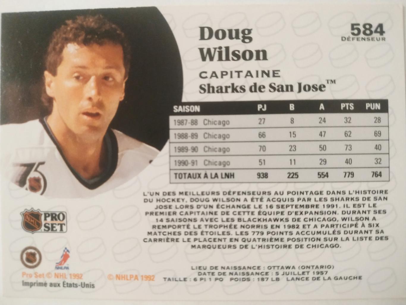 ХОККЕЙ КАРТОЧКА НХЛ PRO SET 1991 NHL DOUG WILSON SAN JOSE SHARKS CAPTAIN #584 1