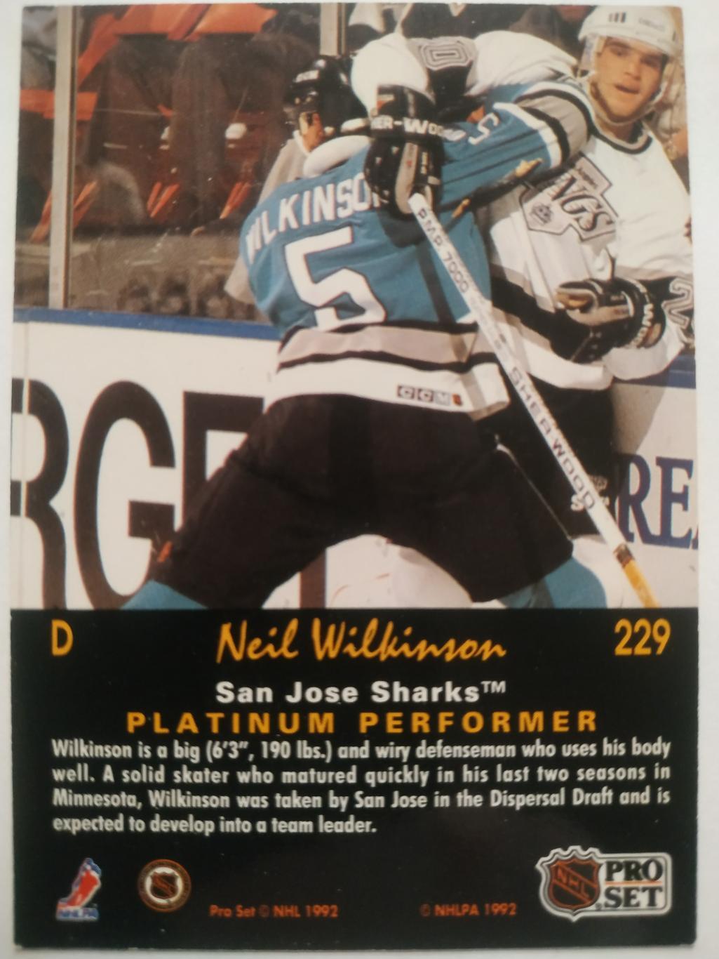 ХОККЕЙ КАРТОЧКА НХЛ PRO SET PLATINUM 1992 NHL NEIL WILKINSON SHARKS #229 1