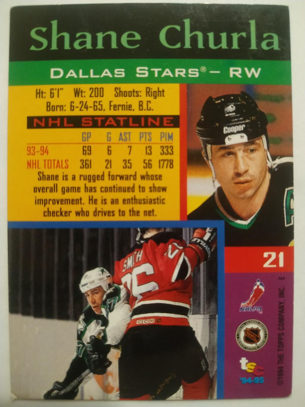 ХОККЕЙ КАРТОЧКА НХЛ TOPPS STADIUM CLUB 1994-95 NHL SHANE CHURLA DALLAS #21 1