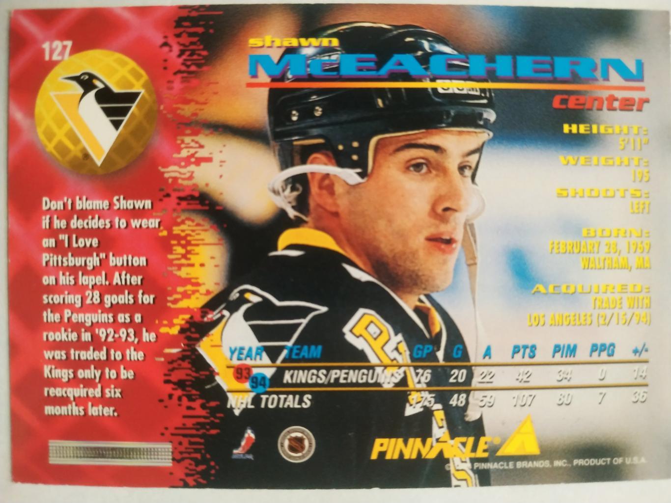 ХОККЕЙ КАРТОЧКА НХЛ PINNACLE 1994-95 NHL SHAWN MCEACHERN PITTSBURGH #127 1