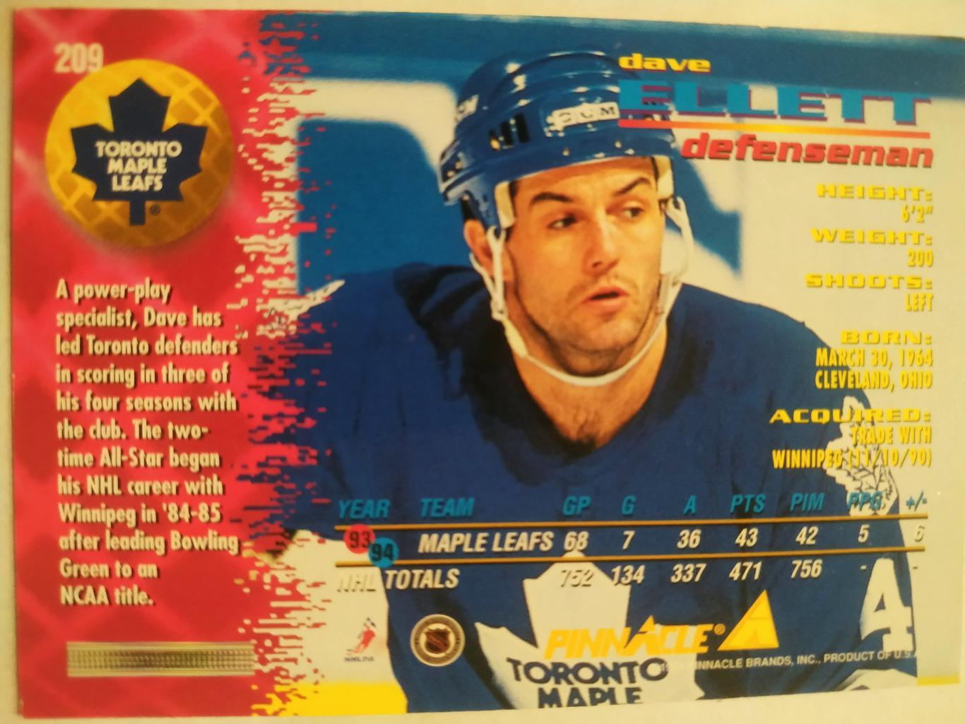 ХОККЕЙ КАРТОЧКА НХЛ PINNACLE 1994-95 NHL DAVE ELLETT TORONTO MAPLE LEAFS #209 1