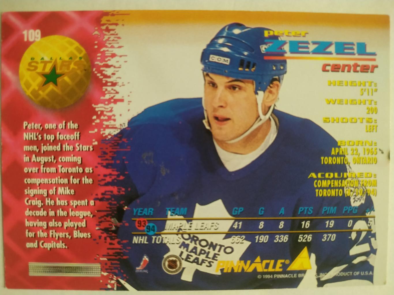 ХОККЕЙ КАРТОЧКА НХЛ PINNACLE 1994-95 NHL PETER ZEZEL DALLAS STARS #109 1