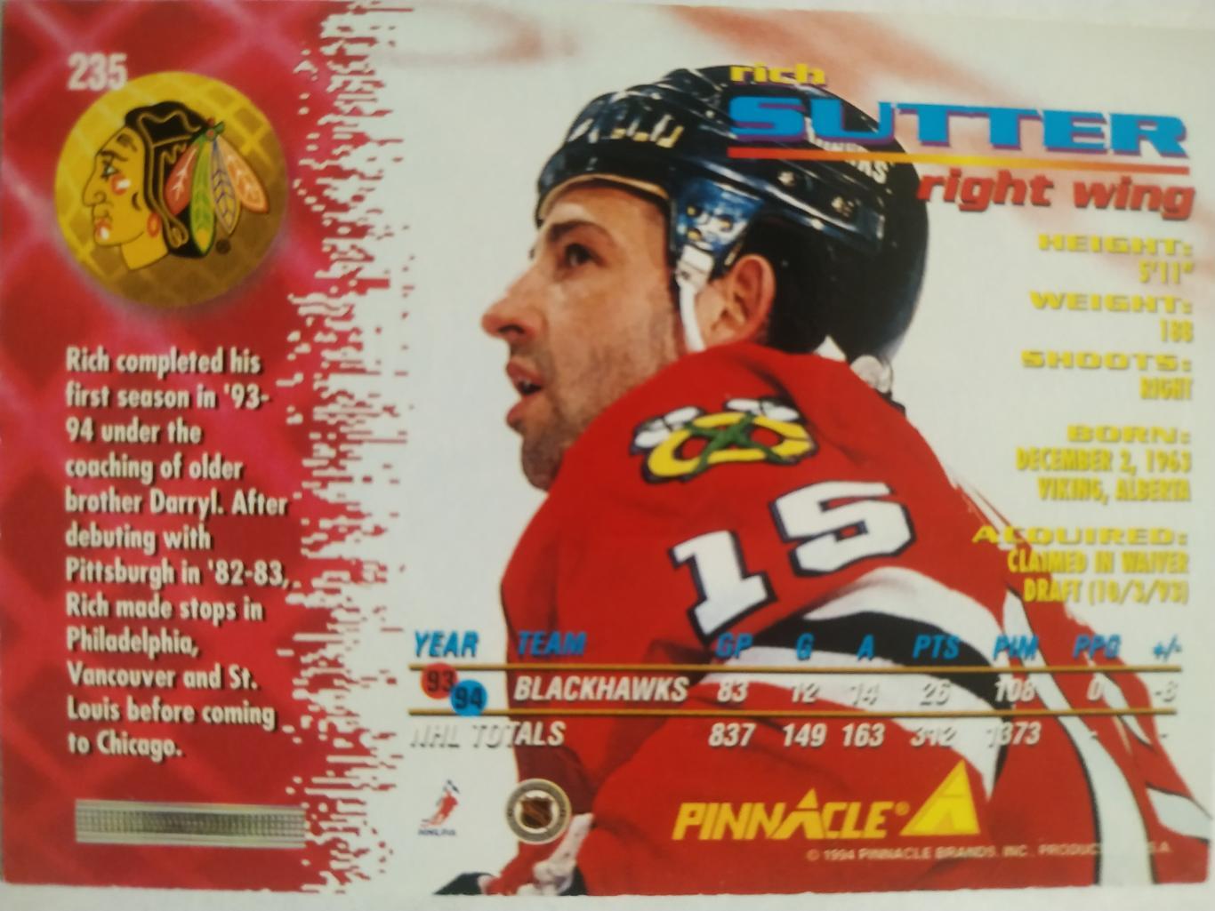 ХОККЕЙ КАРТОЧКА НХЛ PINNACLE 1994-95 NHL RICH SUTTER CHICAGO BLACKHAWKS #235 1
