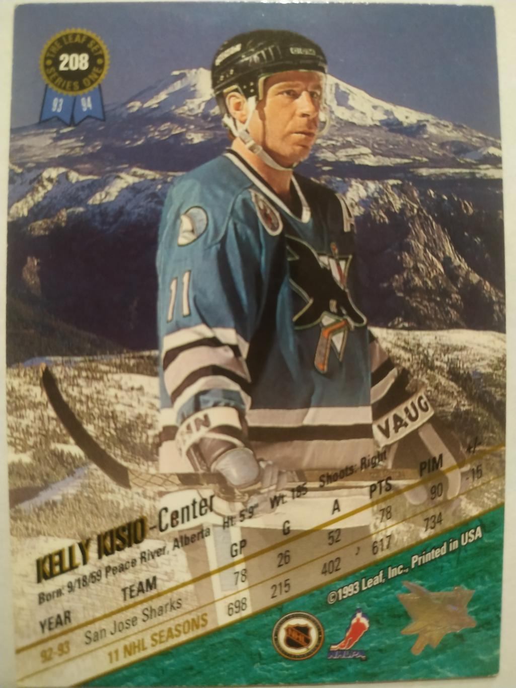 ХОККЕЙ КАРТОЧКА НХЛ LEAF SET SERIES ONE 1993-94 KELLY KISIO SAN JOSE SHARKS #208 1