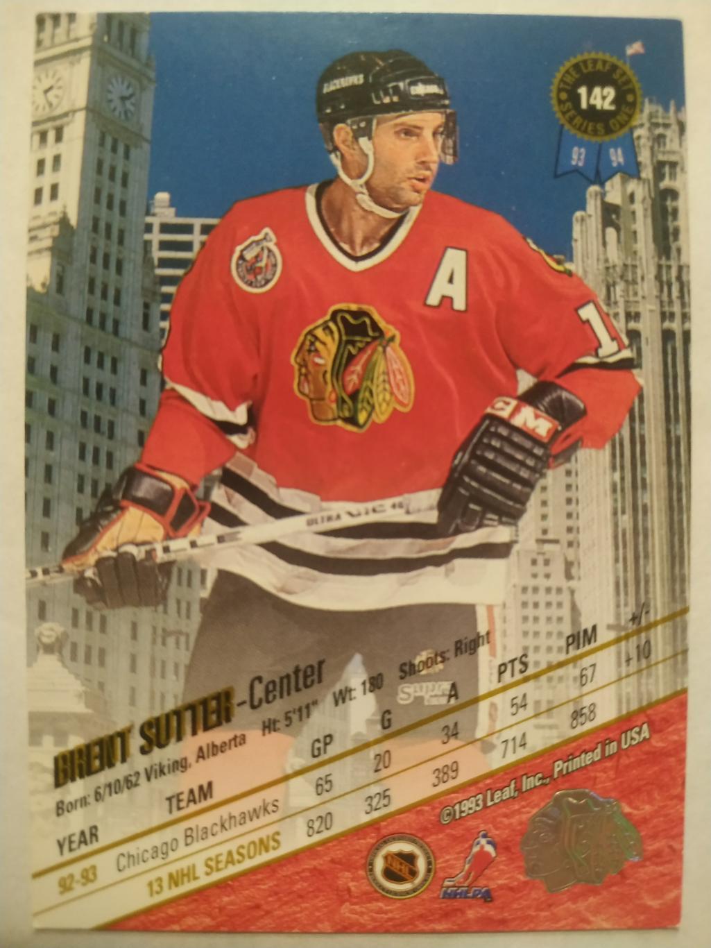 ХОККЕЙ КАРТОЧКА НХЛ LEAF SET SERIES ONE 1993-94 BRENT SUTTER BLACKHAWKS #142 1