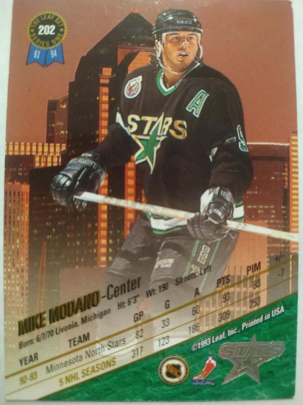 ХОККЕЙ КАРТОЧКА НХЛ LEAF SET SERIES ONE 1993-94 MIKE MODANO DALLAS STARS #202 1
