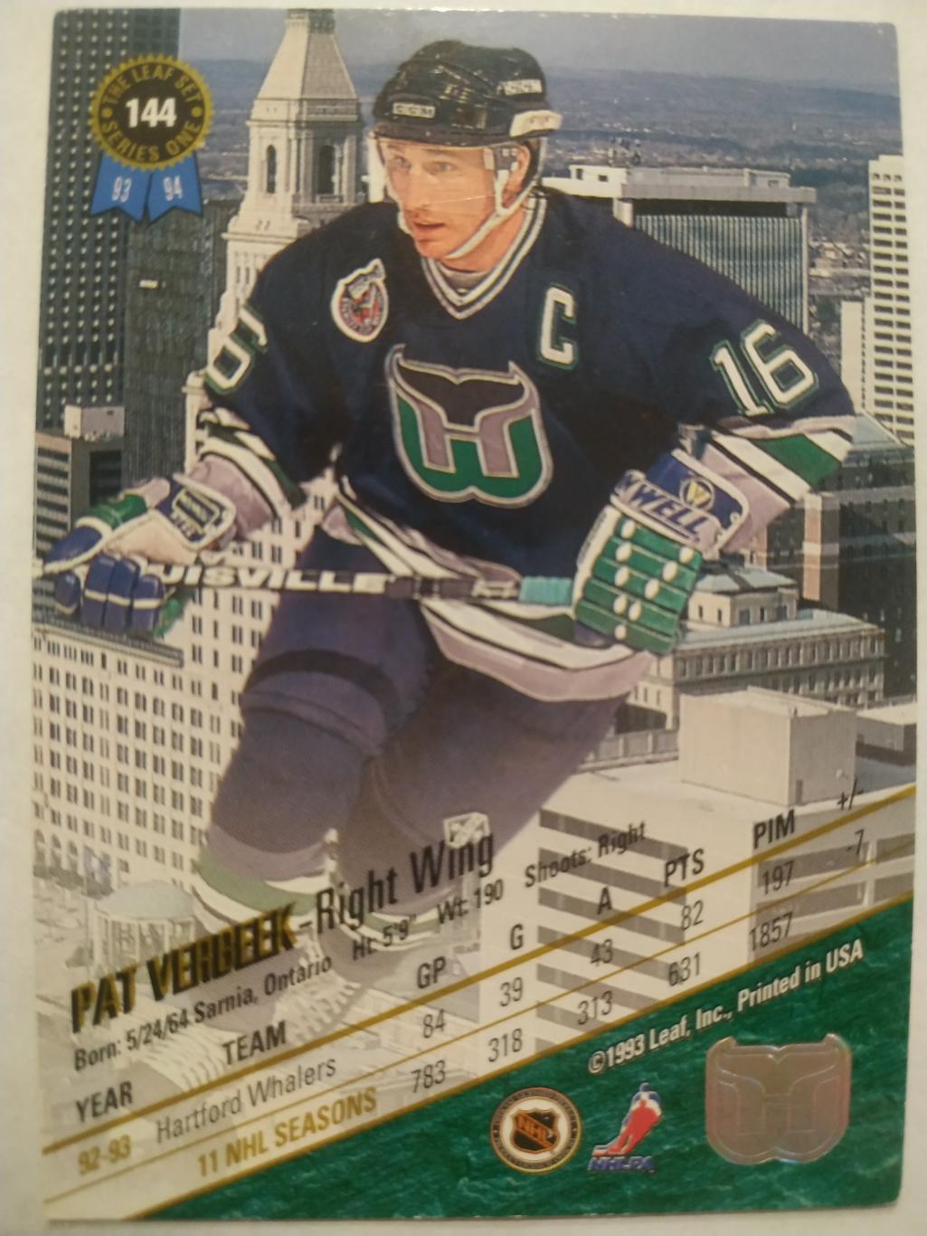 ХОККЕЙ КАРТОЧКА НХЛ LEAF SET SERIES ONE 1993-94 PAT VERBEEK HARFORD WHALERS #144 1