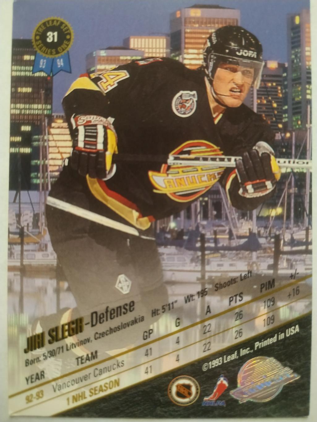 ХОККЕЙ КАРТОЧКА НХЛ LEAF SET SERIES ONE 1993-94 JIRI SLEGR VANCOUVER #31 1