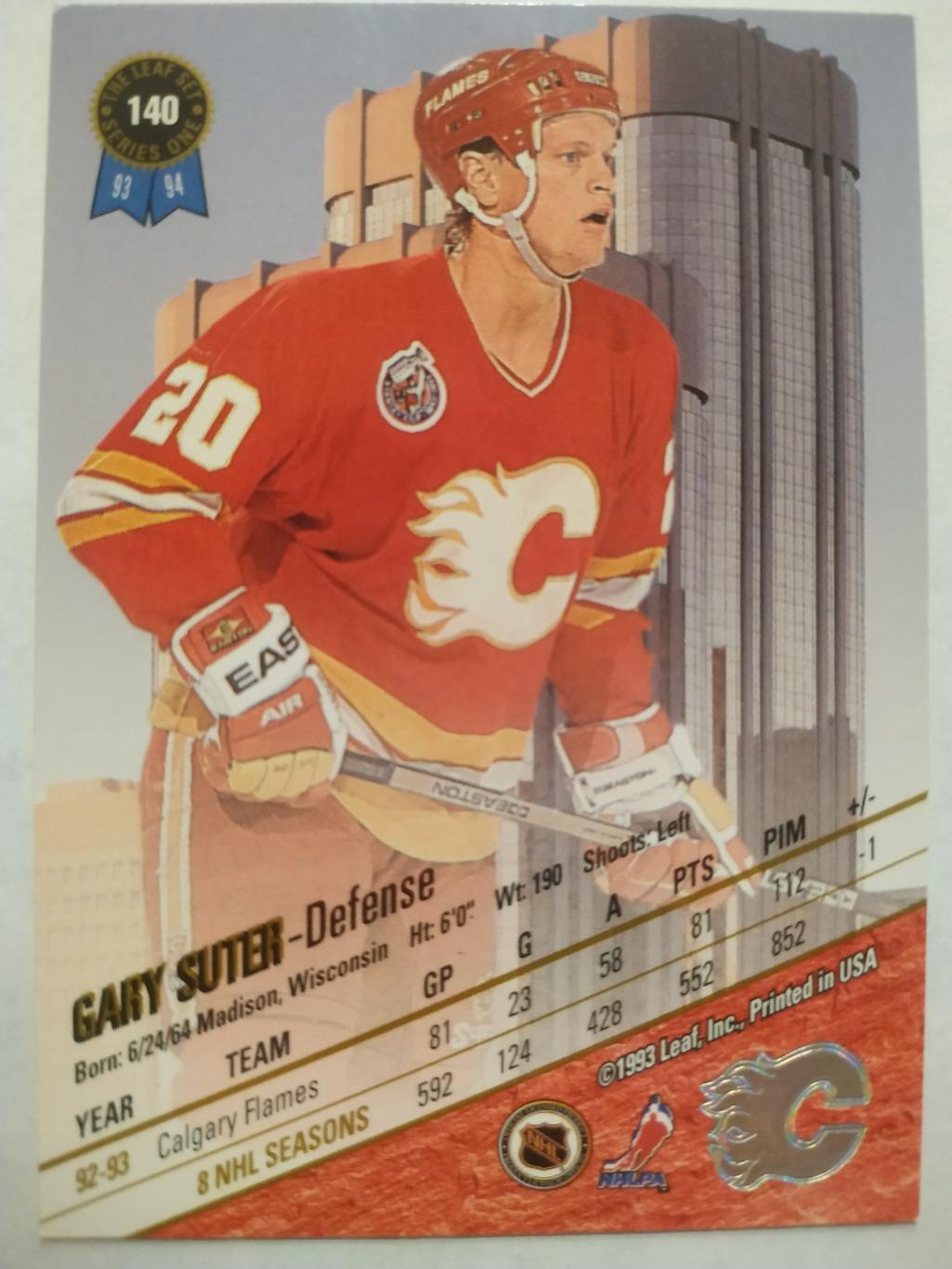 ХОККЕЙ КАРТОЧКА НХЛ LEAF SET SERIES ONE 1993-94 GARY SUTER CALGARY FLAMES #140 1