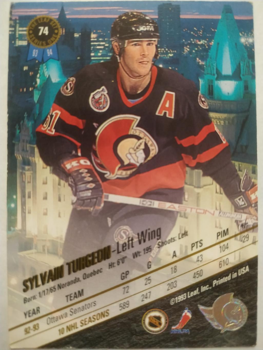ХОККЕЙ КАРТОЧКА НХЛ LEAF SET SERIES ONE 1993-94 SYLVAIN TURGEON OTTAWA #74 1