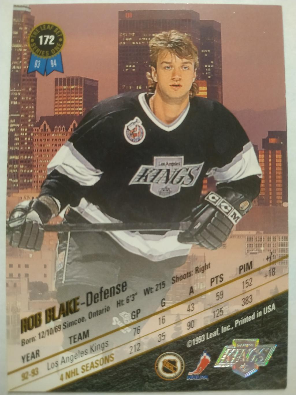 ХОККЕЙ КАРТОЧКА НХЛ LEAF SET SERIES ONE 1993-94 ROB BLAKE LOS ANGELES KINGS #172 1