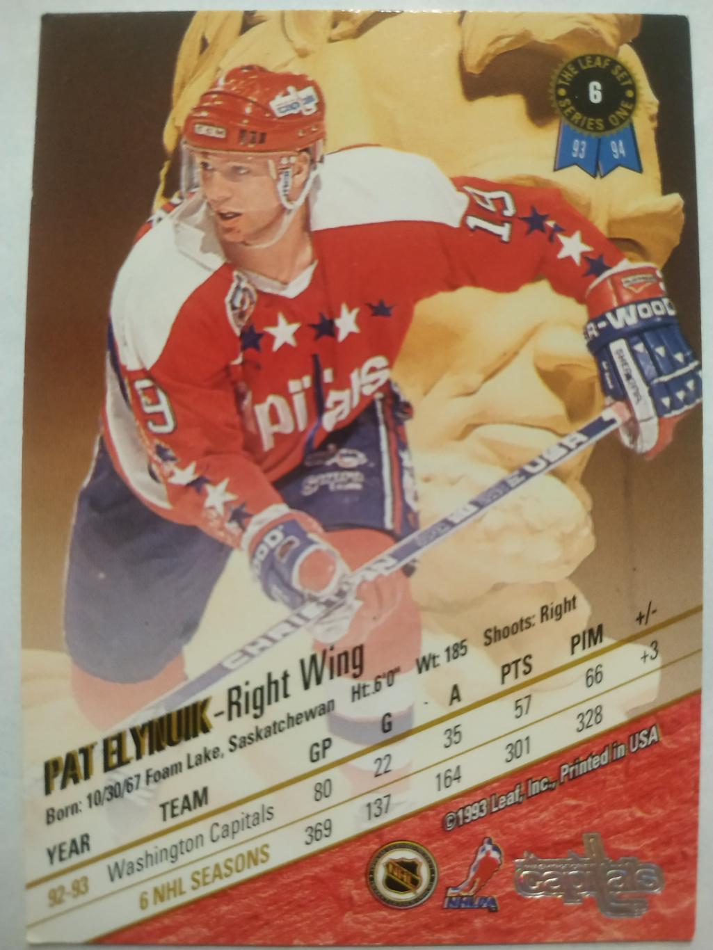 ХОККЕЙ КАРТОЧКА НХЛ LEAF SET SERIES ONE 1993-94 PAT ELYNUIK WASHINGTON #6 1