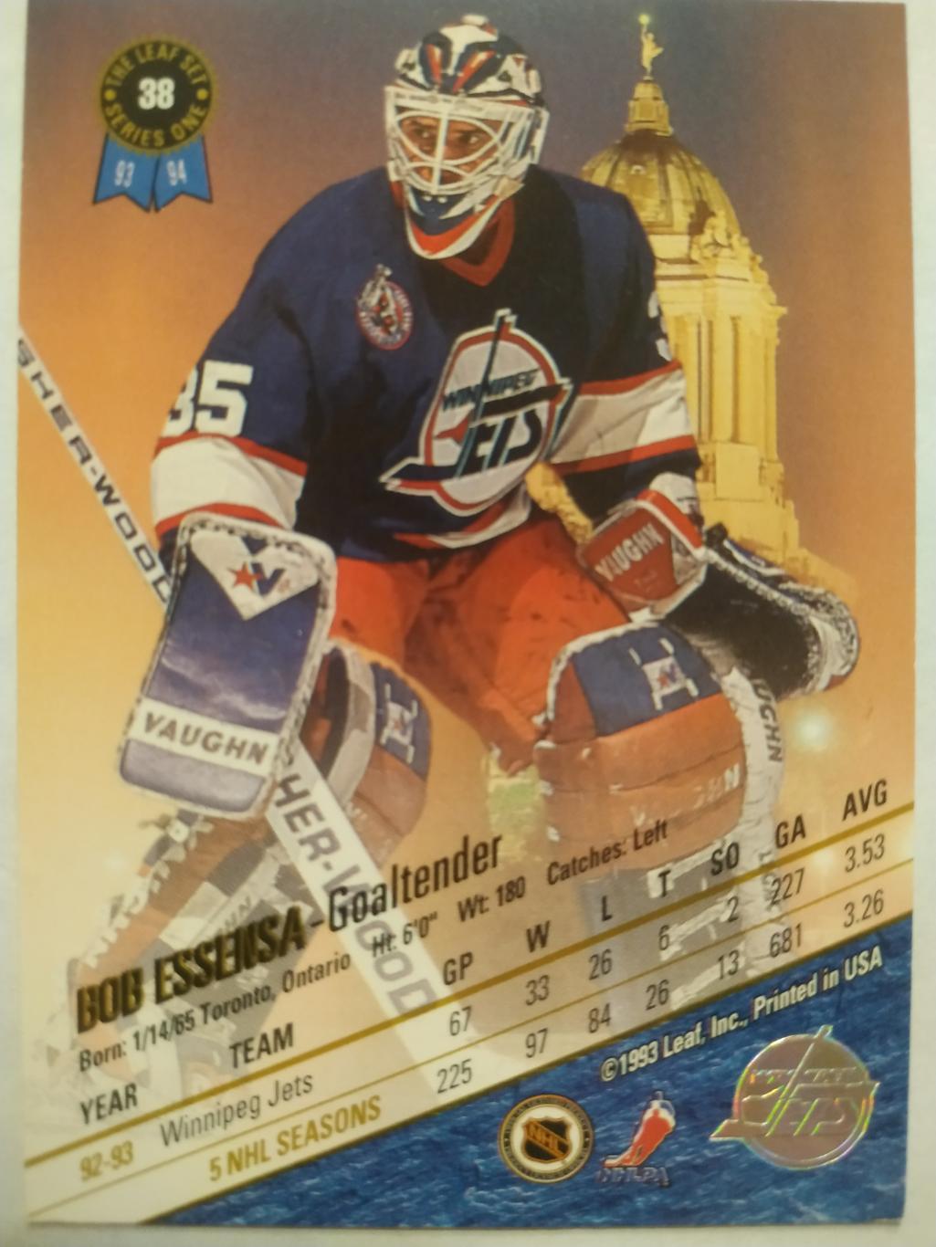 ХОККЕЙ КАРТОЧКА НХЛ LEAF SET SERIES ONE 1993-94 BOB ESSENSA WINNIPEG JETS #38 1