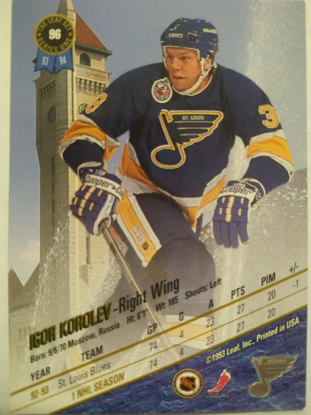 ХОККЕЙ КАРТОЧКА НХЛ LEAF SET SERIES ONE 1993-94 IGOR KOROLEV ST. LOUIS BLUES #96 1