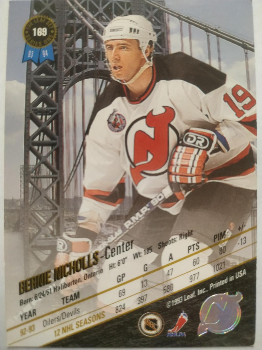 ХОККЕЙ КАРТОЧКА НХЛ LEAF SET SERIES ONE 1993-94 BERNIE NICHOLLS NEW JERSEY #169 1