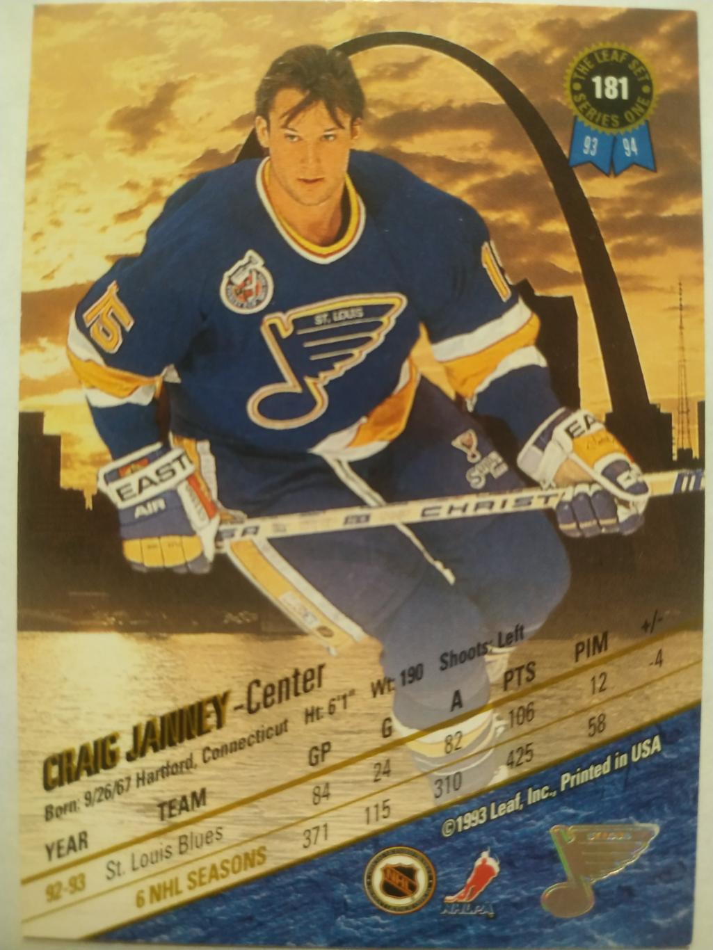 ХОККЕЙ КАРТОЧКА НХЛ LEAF SET SERIES ONE 1993-94 CRAIG JANNEY BLUES #181 1