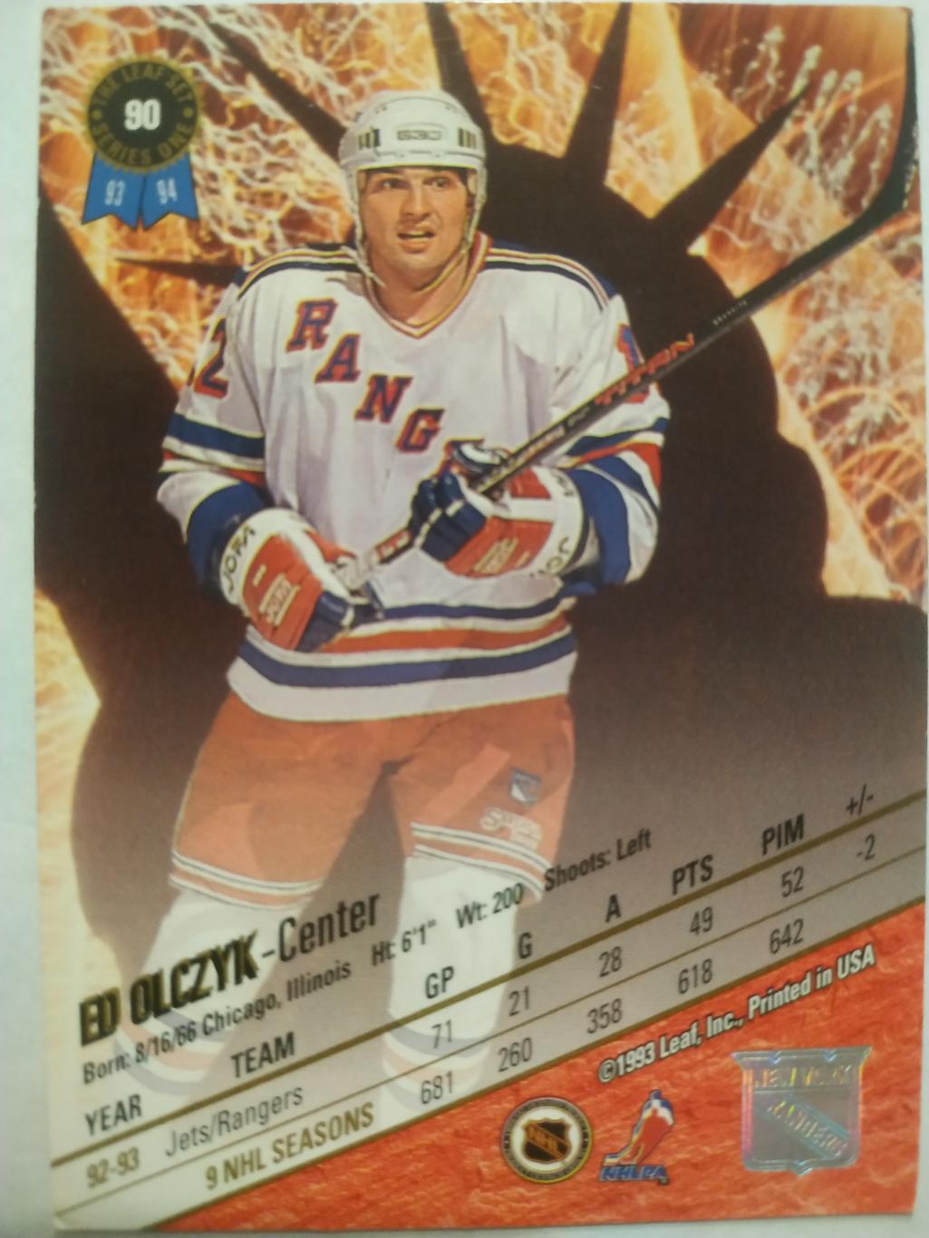 ХОККЕЙ КАРТОЧКА НХЛ LEAF SET SERIES ONE 1993-94 ED OLCZYK NEW YORK RANGERS #90 1