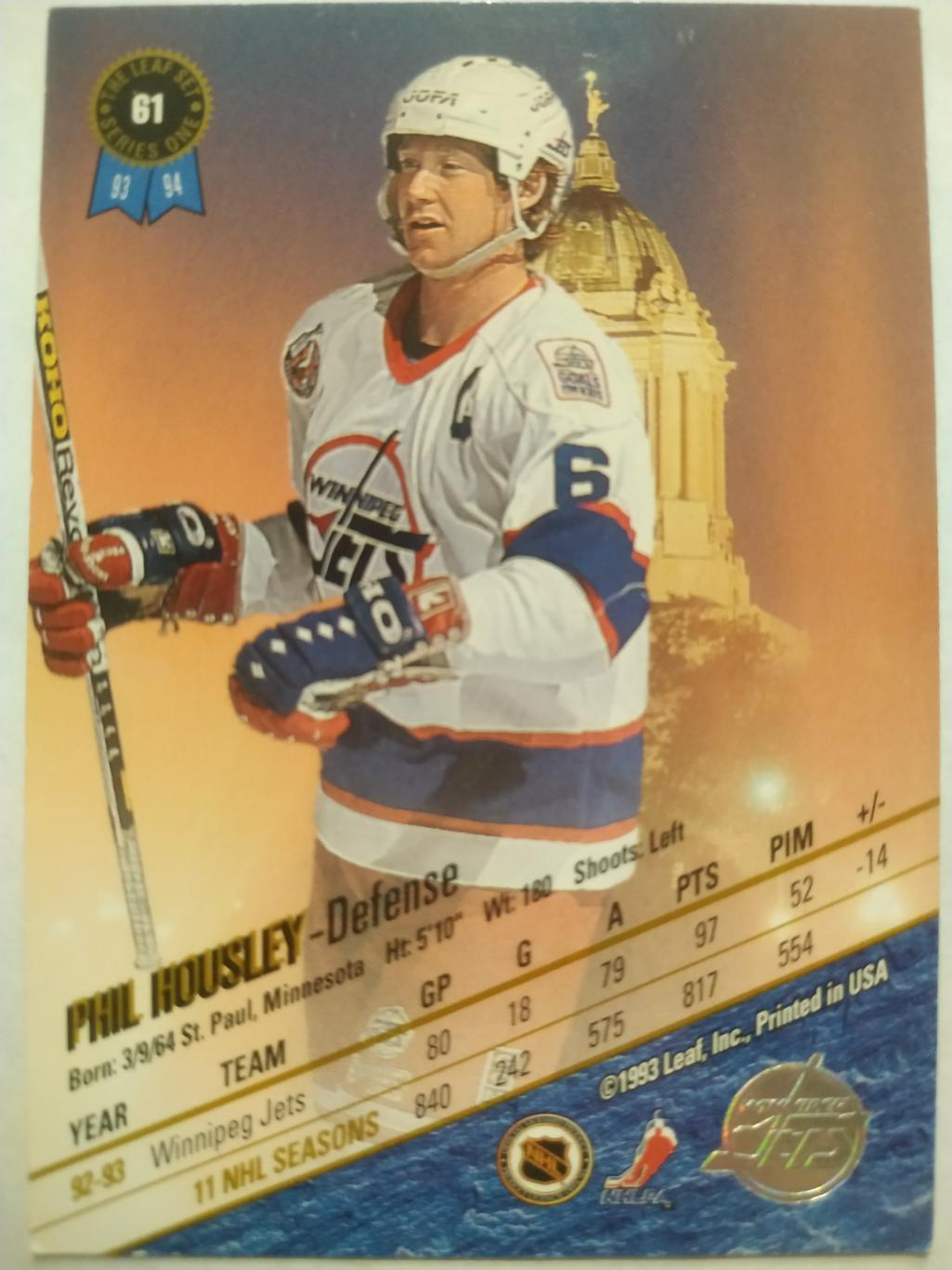ХОККЕЙ КАРТОЧКА НХЛ LEAF SET SERIES ONE 1993-94 PHIL HOUSLEY WINNIPEG JETS #61 1