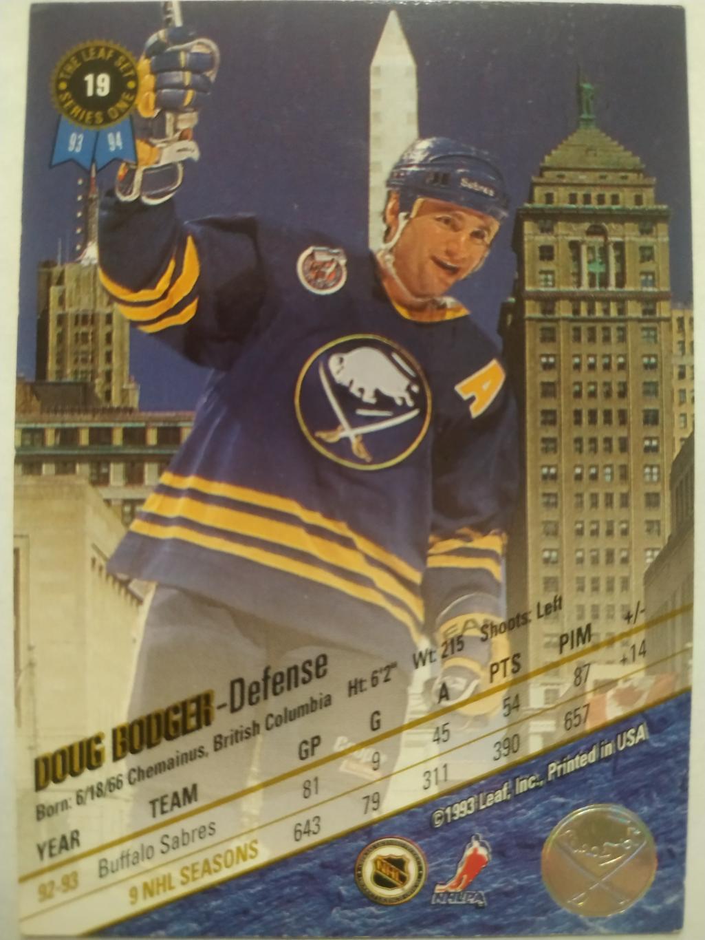 ХОККЕЙ КАРТОЧКА НХЛ LEAF SET SERIES ONE 1993-94 DOUG BODGER BUFFALO SABRES #19 1