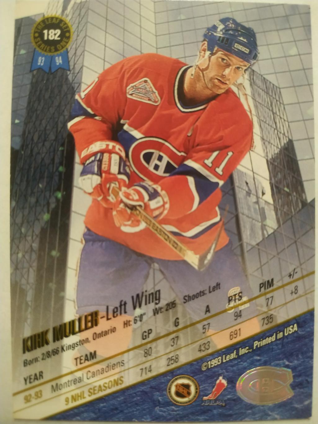 ХОККЕЙ КАРТОЧКА НХЛ LEAF SET SERIES ONE 1993-94 KIRK MULLER MONTREAL #182 1