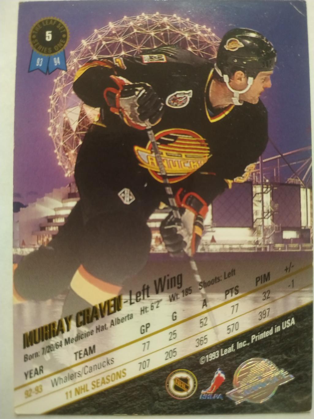 ХОККЕЙ КАРТОЧКА НХЛ LEAF SET SERIES ONE 1993-94 MURRAY CRAVEN VANCOUVER #5 1