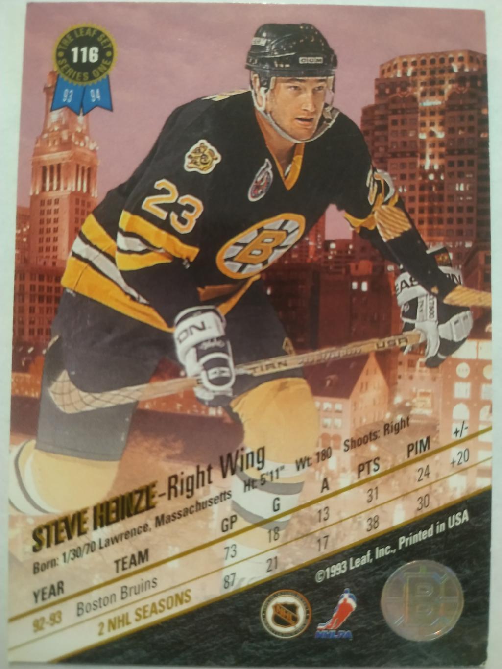 ХОККЕЙ КАРТОЧКА НХЛ LEAF SET SERIES ONE 1993-94 STEVE HEINZE BOSTON BRUINS #116 1