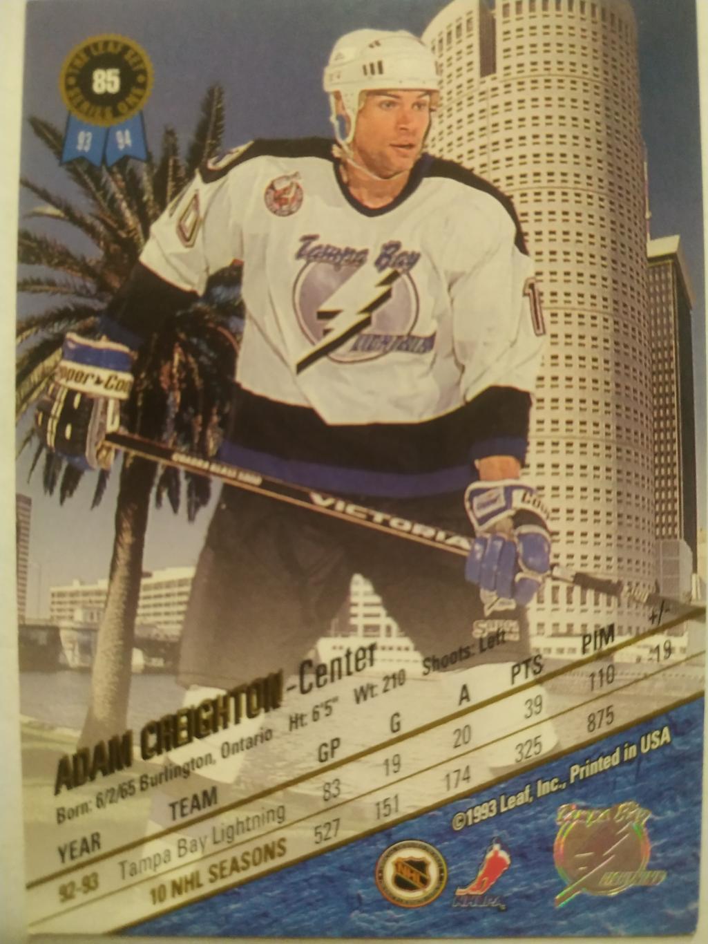 ХОККЕЙ КАРТОЧКА НХЛ LEAF SET SERIES ONE 1993-94 ADAM CREIGHTON LIGHTNING #85 1