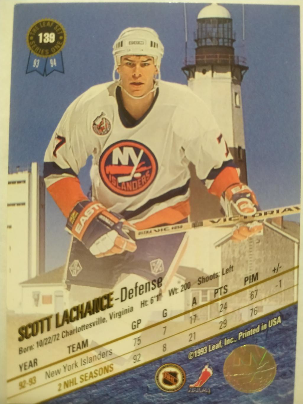 ХОККЕЙ КАРТОЧКА НХЛ LEAF SET SERIES ONE 1993-94 SCOTT LACHANCE ISLANDERS #139 1