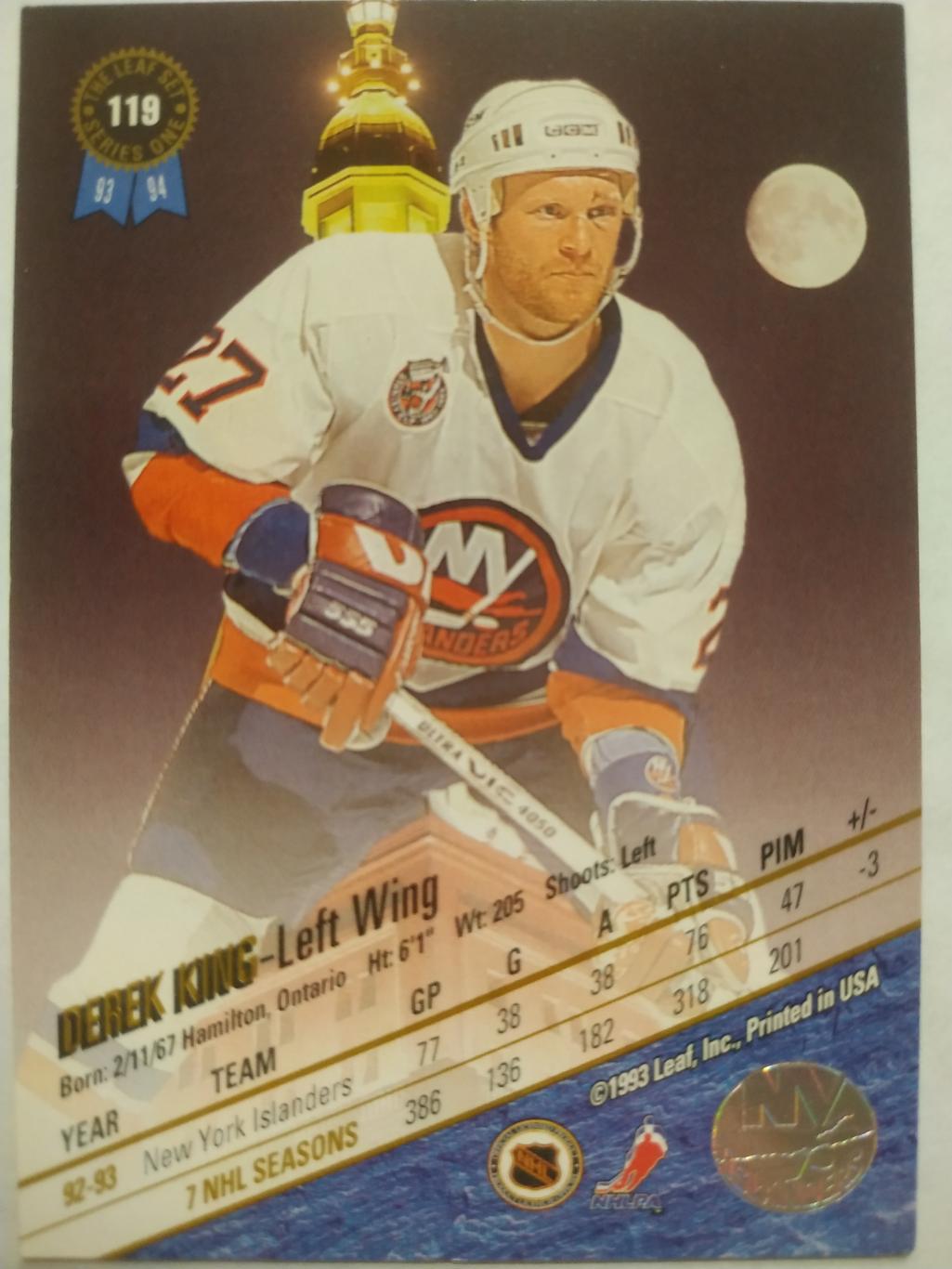 ХОККЕЙ КАРТОЧКА НХЛ LEAF SET SERIES ONE 1993-94 DEREK KING ISLANDERS #119 1