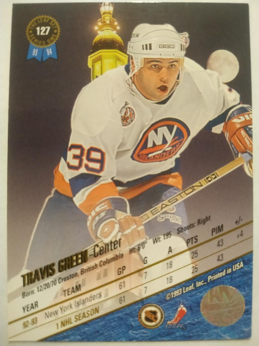 ХОККЕЙ КАРТОЧКА НХЛ LEAF SET SERIES ONE 1993-94 TRAVIS GREEN ISLANDERS #127 1
