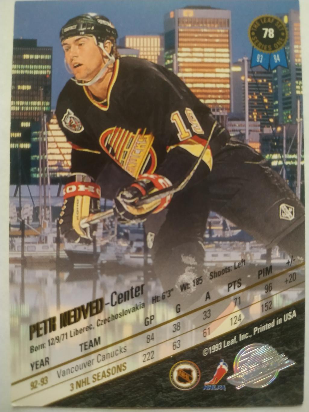 ХОККЕЙ КАРТОЧКА НХЛ LEAF SET SERIES ONE 1993-94 PETR NEDVED VANCOUVER #78 1