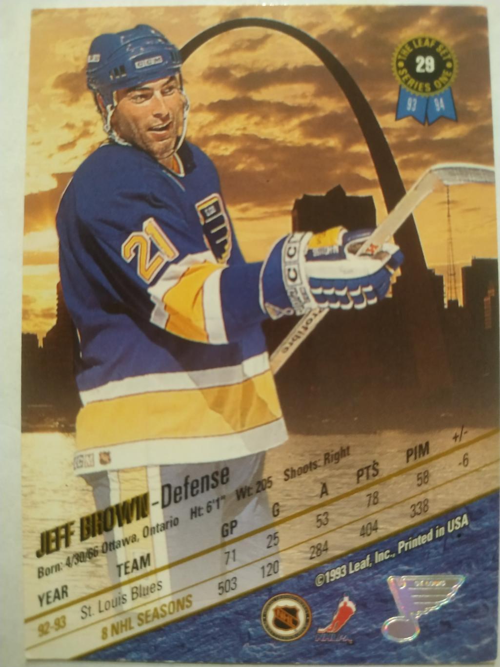 ХОККЕЙ КАРТОЧКА НХЛ LEAF SET SERIES ONE 1993-94 JEFF BROWN ST. LOUIS BLUES #29 1