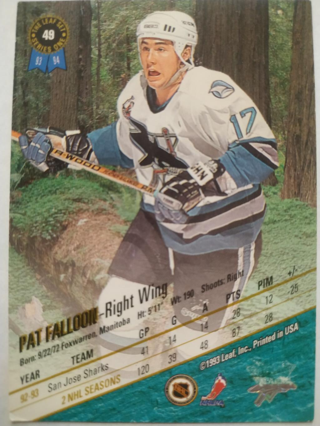 ХОККЕЙ КАРТОЧКА НХЛ LEAF SET SERIES ONE 1993-94 PAT FALLOON SAN JOSE SHARKS #49 1