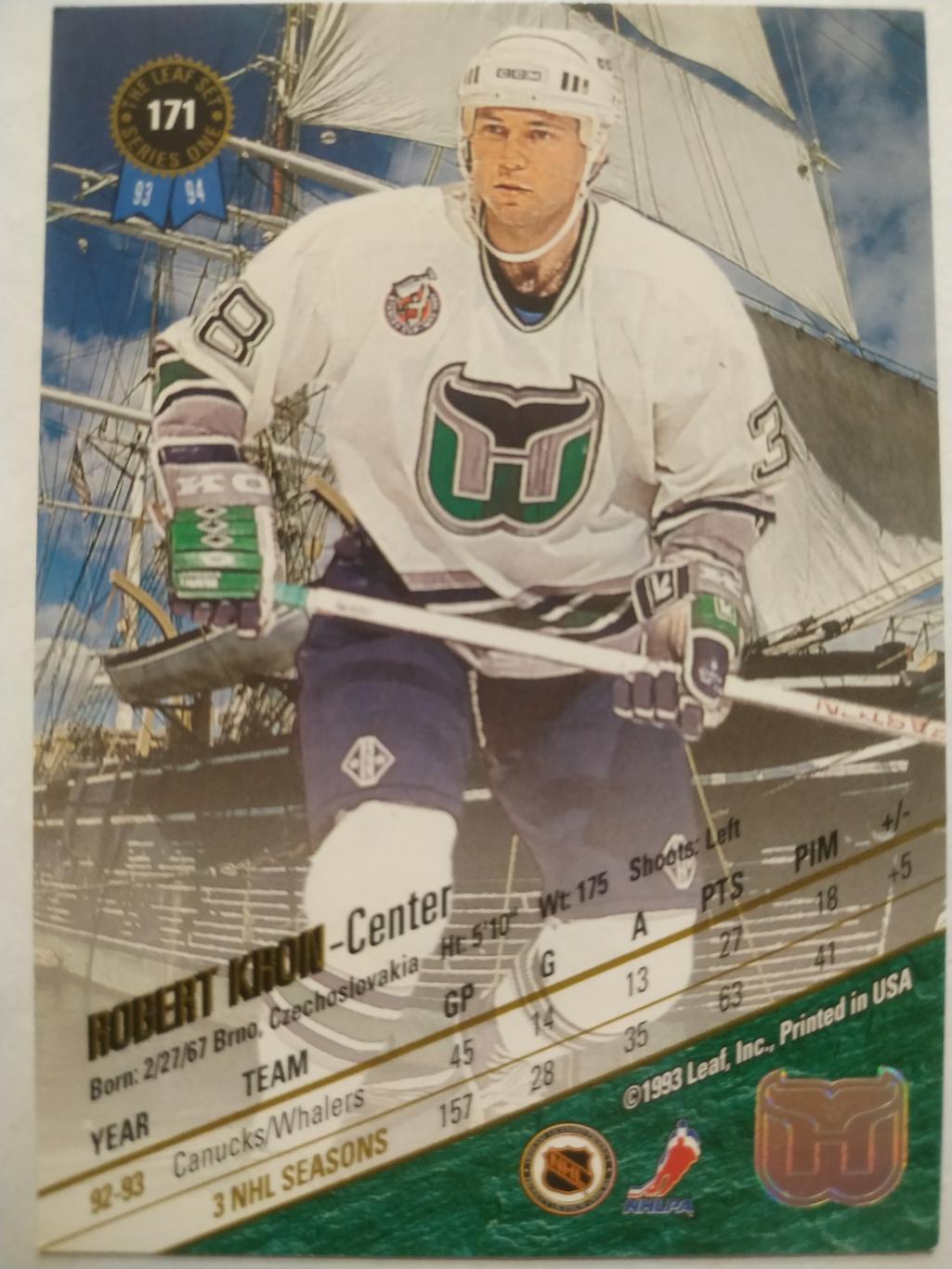 ХОККЕЙ КАРТОЧКА НХЛ LEAF SET SERIES ONE 1993-94 ROBERT KRON WHALERS #171 1
