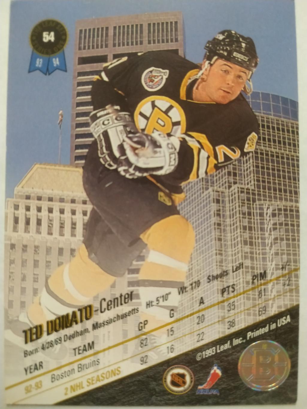ХОККЕЙ КАРТОЧКА НХЛ LEAF SET SERIES ONE 1993-94 TED DONATO BOSTON BRUINS #54 1
