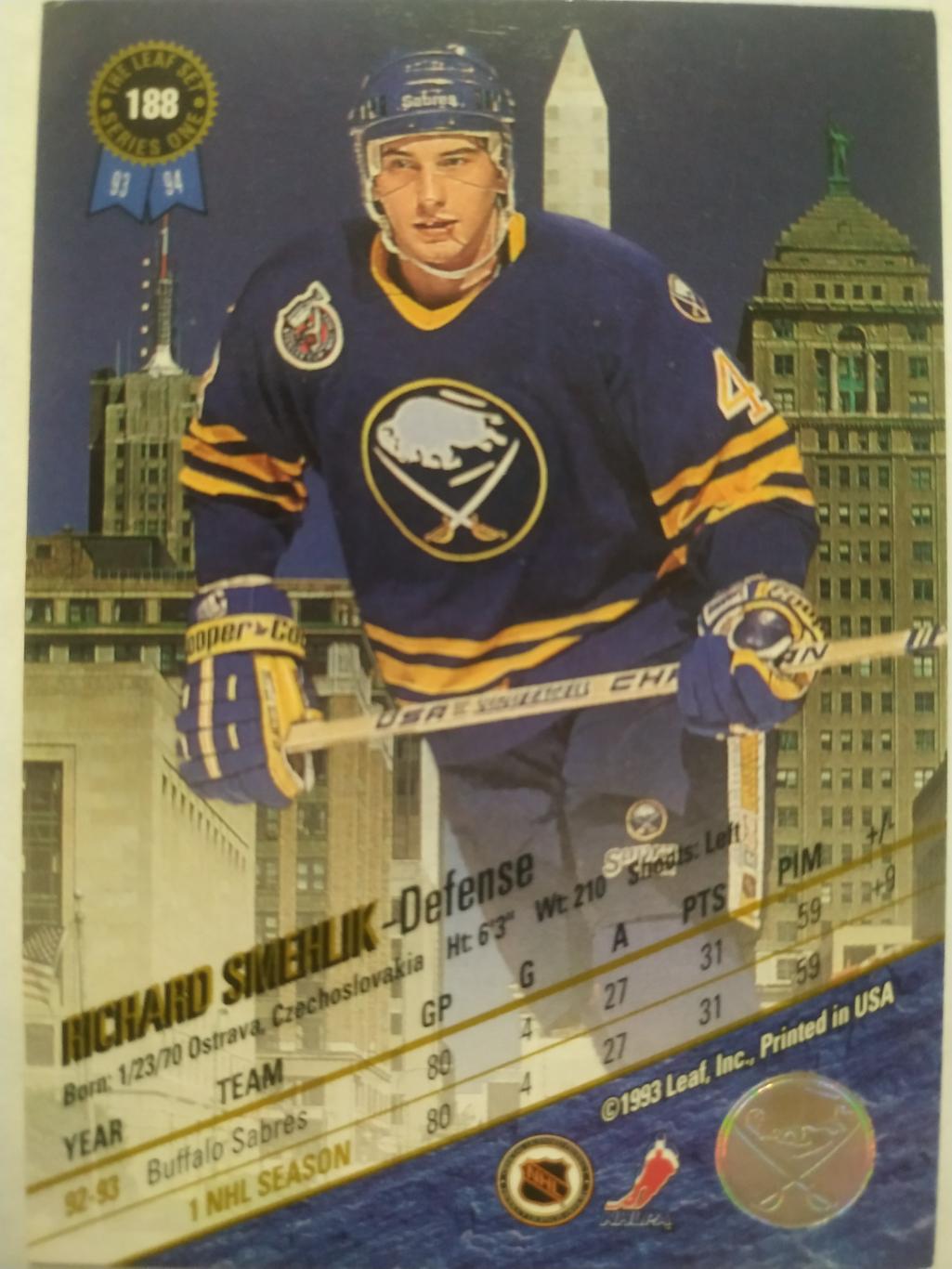 ХОККЕЙ КАРТОЧКА НХЛ LEAF SET SERIES ONE 1993-94 RICHARD SMEHLIK BUFFALO #188 1