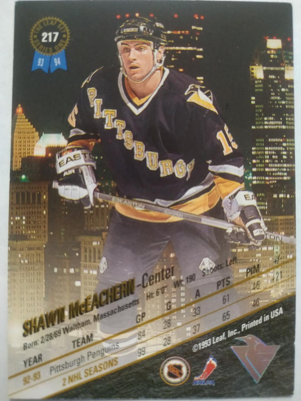 ХОККЕЙ КАРТОЧКА НХЛ LEAF SET SERIES ONE 1993-94 SHAWN MCEACHERN PITTSBURGH #217 1