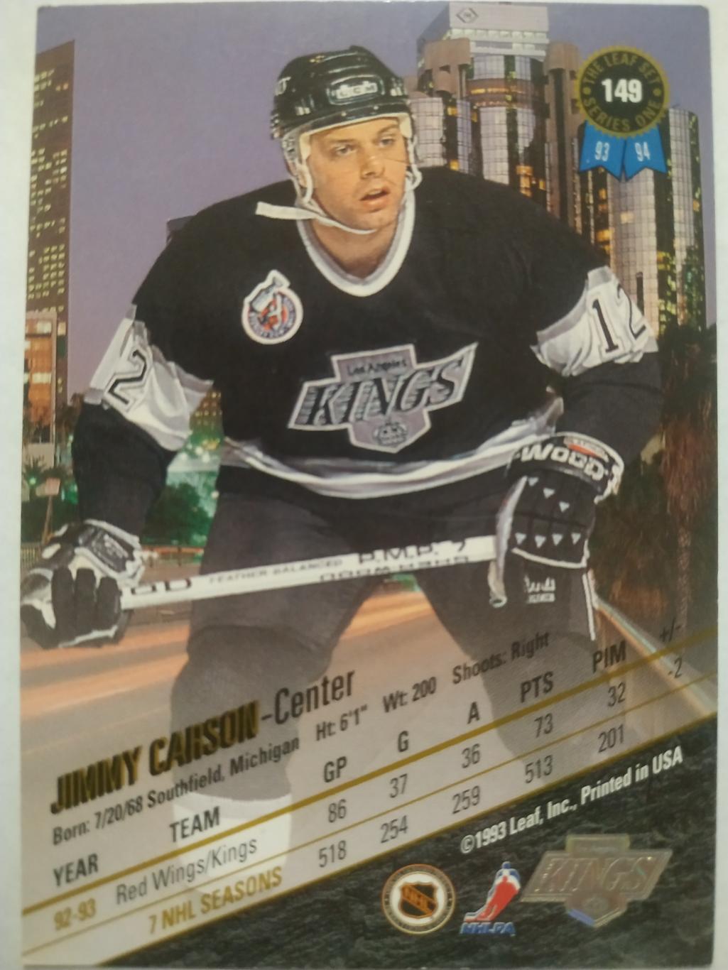 ХОККЕЙ КАРТОЧКА НХЛ LEAF SET SERIES ONE 1993-94 JIMMY CARSON KINGS #149 1
