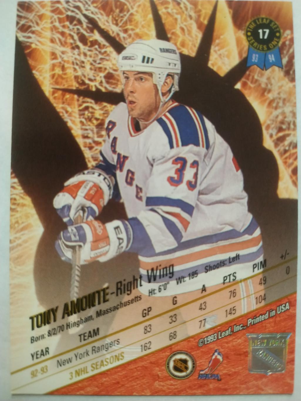 ХОККЕЙ КАРТОЧКА НХЛ LEAF SET SERIES ONE 1993-94 TONY AMONTE NEW YORK RANGERS #17 1